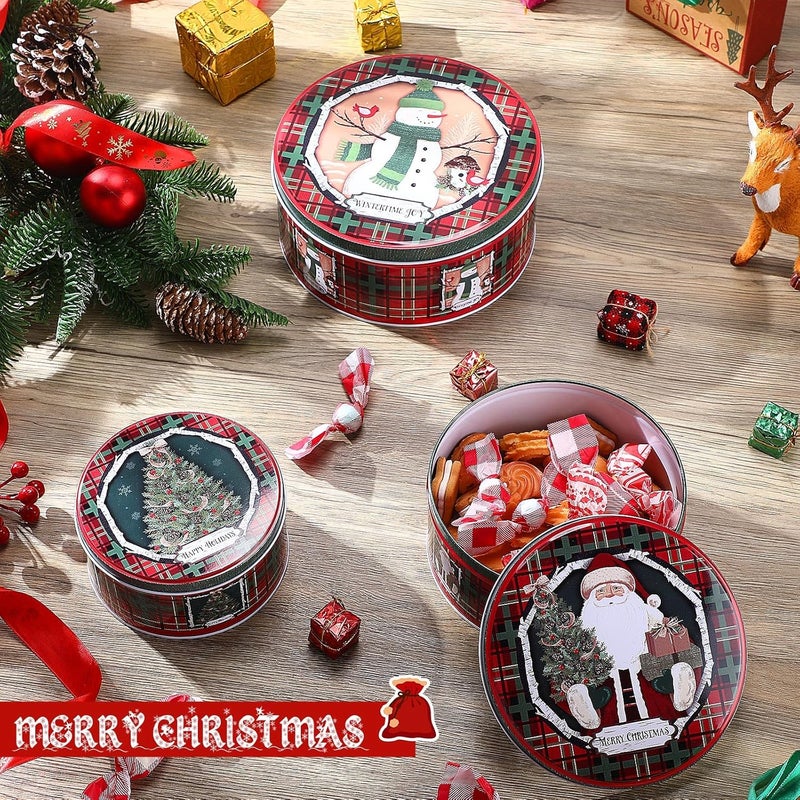 Lingvee 3 Pcs Christmas Cookie Tin with Lids for Gift Giving Tin Containers Round Festive Cookie Tins Metal Nesting Containers Large Medium Small - Image 4